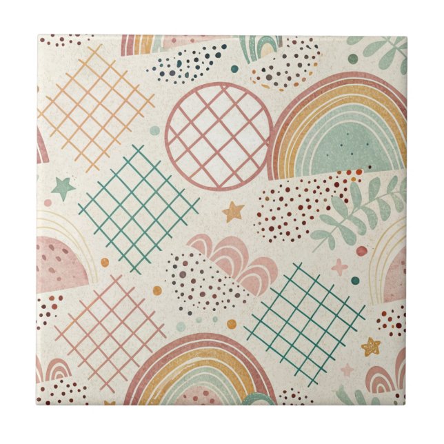 Retro Shapes and Dotted Textures in Earthy Pastel  Ceramic Tile (Front)