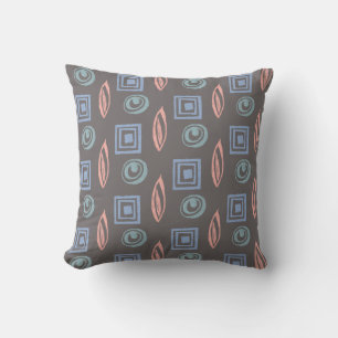 Retro Shapes Pattern Gray Blue Rose Gold Throw Pillow
