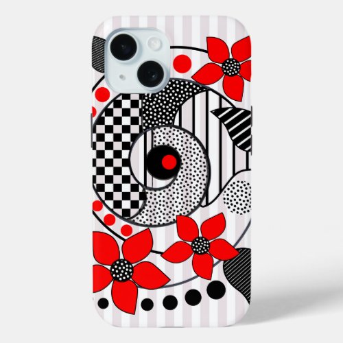 Retro shapes patterns  red flowers iPhone 15 case