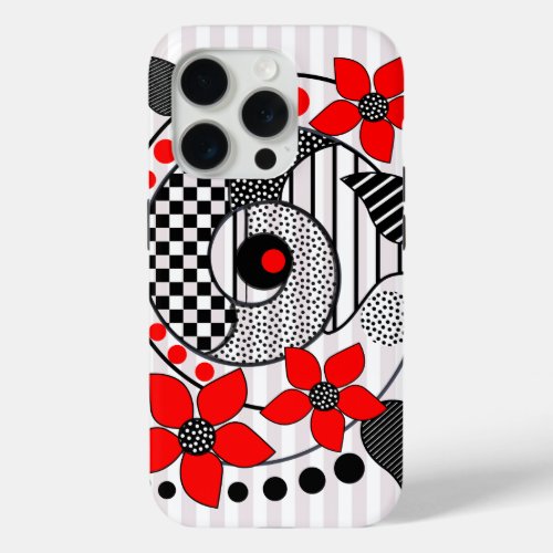 Retro shapes patterns  red flowers iPhone 15 pro case