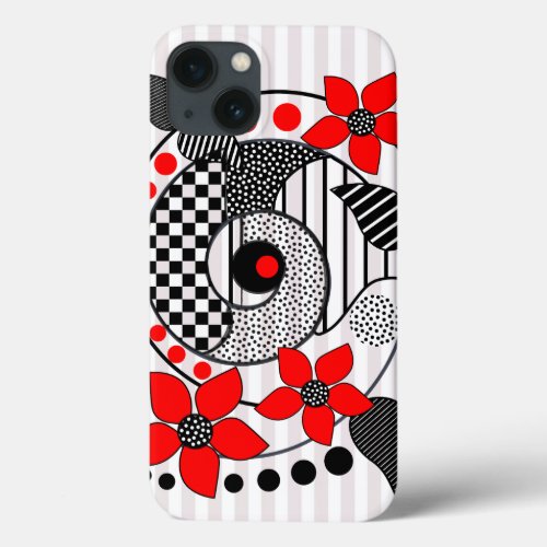 Retro shapes patterns  red flowers iPhone 13 case