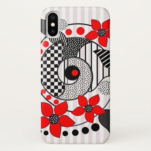 Retro shapes patterns  red flowers iPhone x case