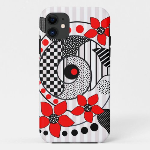 Retro shapes patterns  red flowers iPhone 11 case