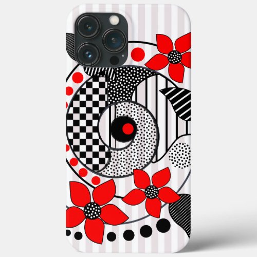 Retro shapes patterns  red flowers iPhone 13 pro max case