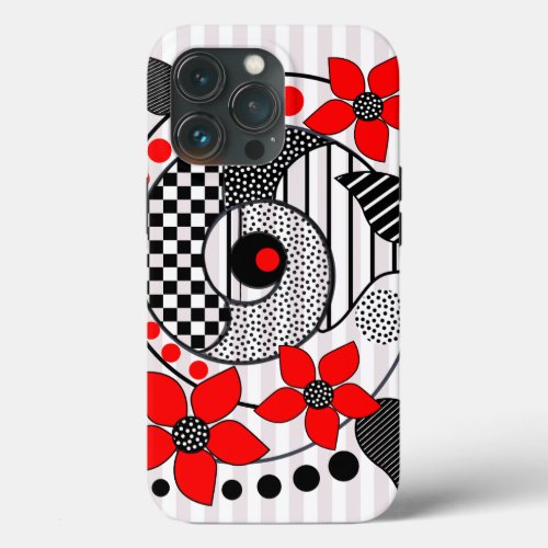 Retro shapes patterns  red flowers iPhone 13 pro case