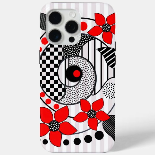 Retro shapes patterns  red flowers iPhone 15 pro max case