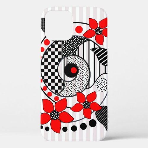 Retro shapes patterns  red flowers iPhone 12 case