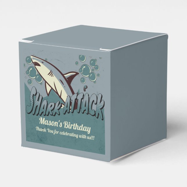 Retro Shark Themed Birthday Party Square Favor Boxes (Front Side)