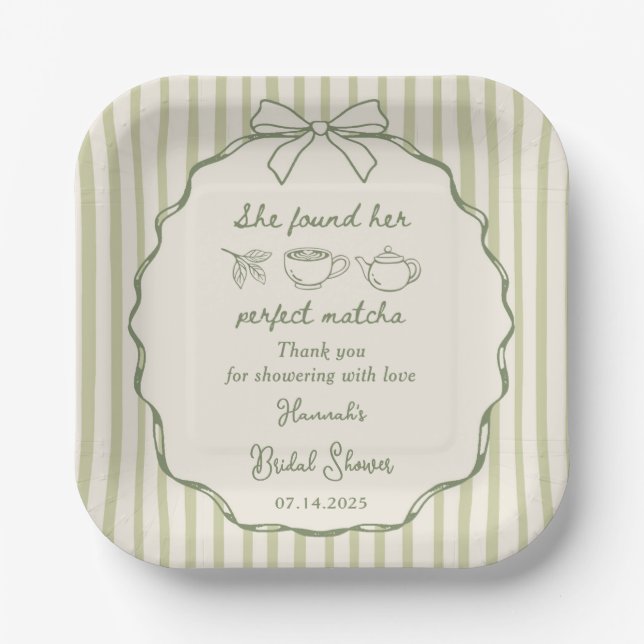 Retro She Found Her Perfect Matcha Bridal Shower Paper Plates (Front)