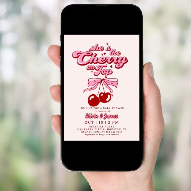 Retro She's the Cherry on Top Trendy Baby Shower Invitation (Front Digital)