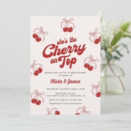 Retro Shes the Cherry on Top Trendy Baby Shower Invitation
