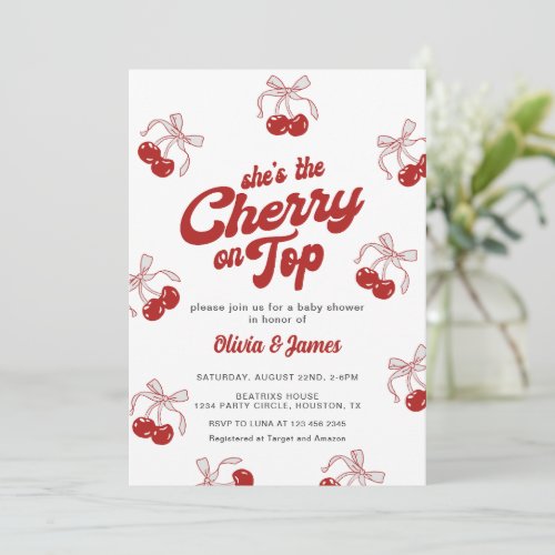 Retro Shes the Cherry on Top Trendy Baby Shower Invitation