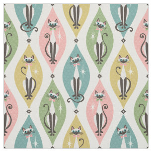 Retro Siamese Cats and Starbursts On Lozenges Fabric