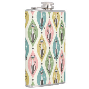 Retro Siamese Cats and Starbursts On Lozenges Flask