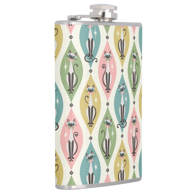 Retro Siamese Cats and Starbursts On Lozenges Flask (Right)