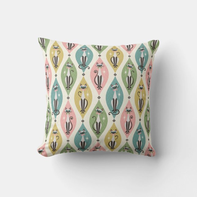 Retro Siamese Cats and Starbursts On Lozenges Throw Pillow (Front)