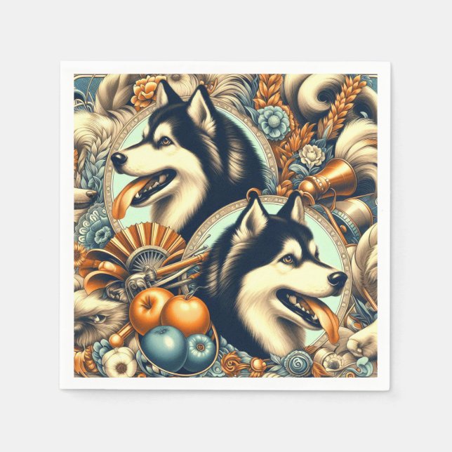 Retro Siberian Husky Illustration Napkins (Front)