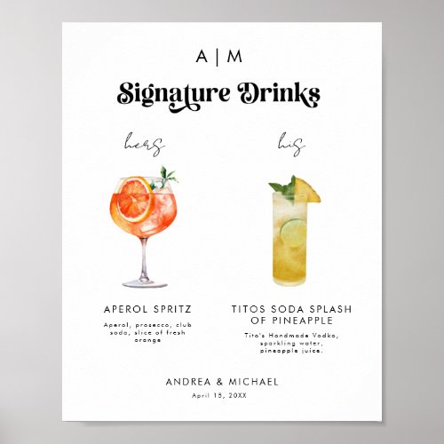 Retro Signature Drinks Cocktails Wedding Sign   