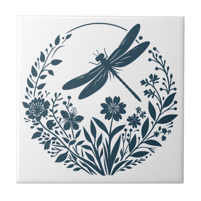 Retro Silhouette Dragonfly with Flowers Ceramic Tile (Front)
