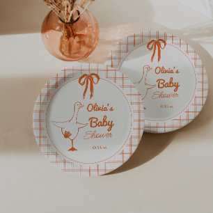 Retro Silly Goose Hand Drawn Ribbon Baby Shower Paper Plates