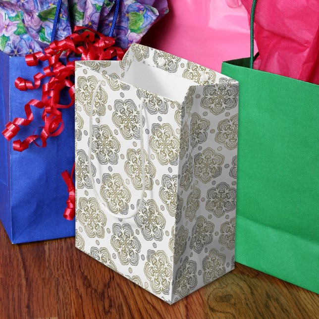 Retro Silver Gold Flower Pattern Medium Gift Bag (Creator Uploaded)