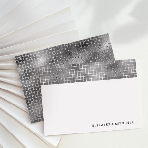 Retro Silver Gray Disco Ball Mirror   Monogram Note Card