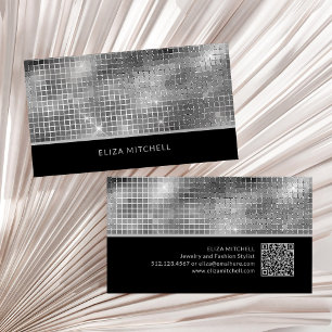 Retro Silver Gray Disco Ball Mirror QR Code Business Card