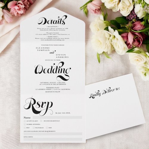 Retro  simple black white script chic wedding all in one invitation