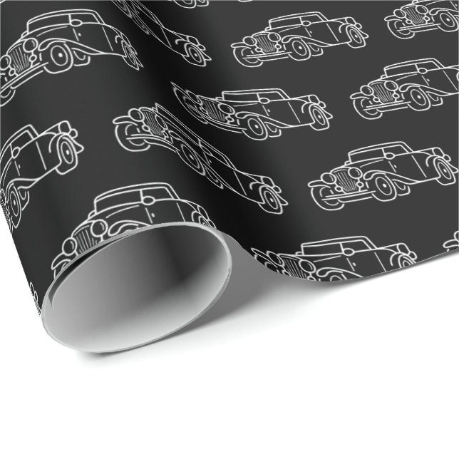 Retro Simple Elegant Black White Classic Cars Wrapping Paper (Roll Corner)