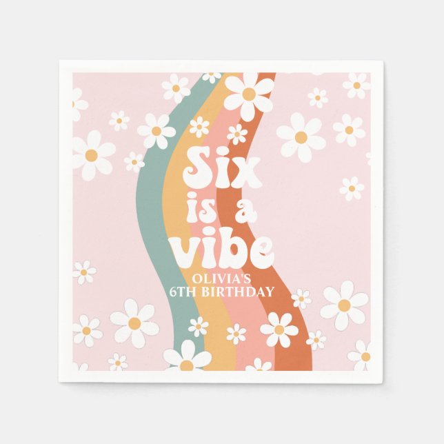 Retro Six is a Vibe Rainbow Daisy 6th Birthday Napkins (Front)