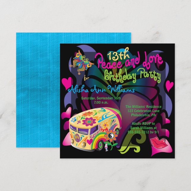 Retro Sixties Peace and Love 13th Birthday Party Invitation (Front/Back)