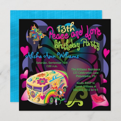 Retro Sixties Peace and Love 13th Birthday Party Invitation