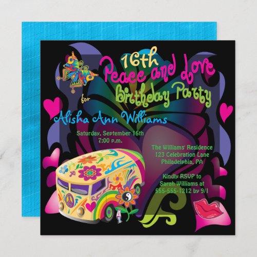 Retro Sixties Peace and Love 16th Birthday Party Invitation