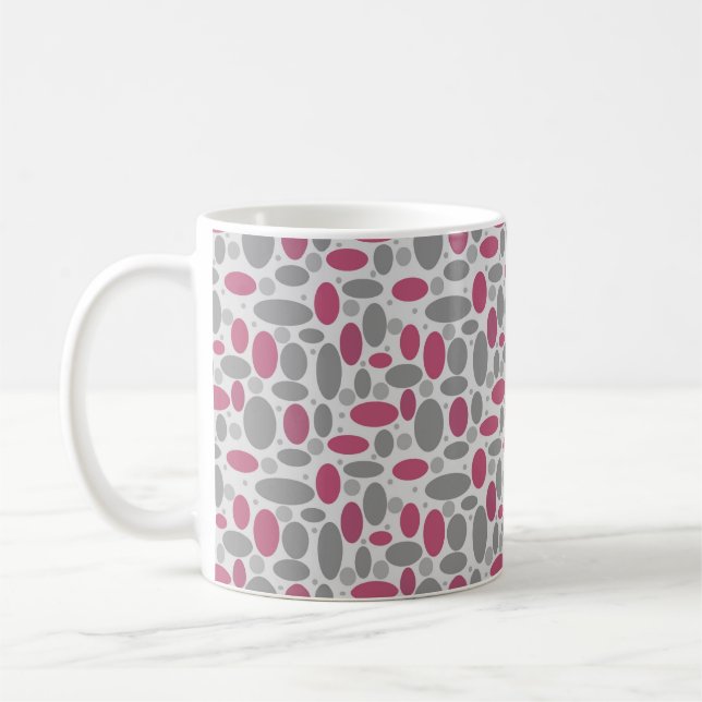 retro, sixties, polka dots, grey and pink coffee mug (Left)