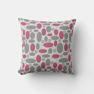 retro, sixties, polka dots, grey and pink throw pillow