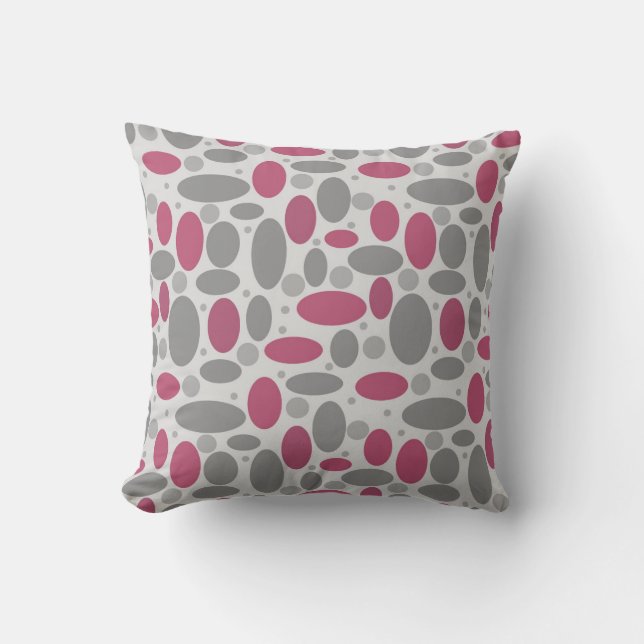 retro, sixties, polka dots, grey and pink throw pillow (Front)