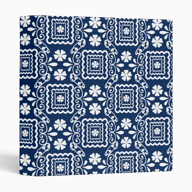 retro sixties white blue floral pattern 3 ring binder (Front/Spine)