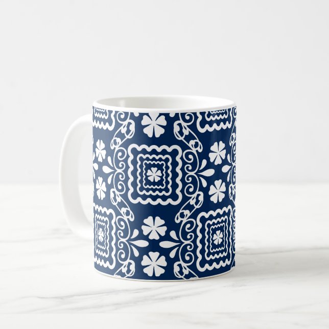 retro sixties white blue floral pattern coffee mug (Front Left)