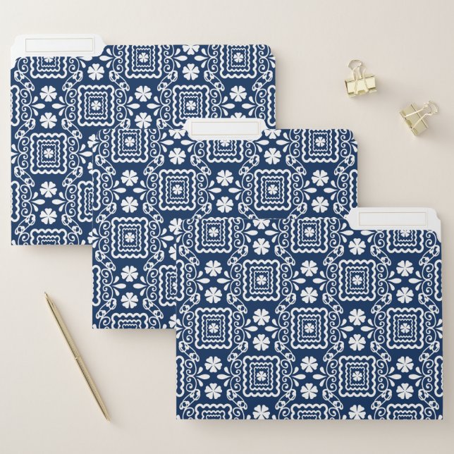retro sixties white blue floral pattern file folder (Set)