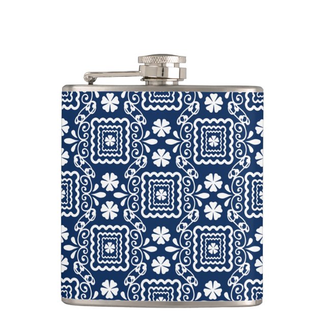 retro sixties white blue floral pattern flask (Front)