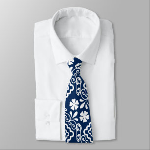 retro sixties white blue floral pattern neck tie