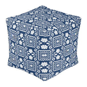 retro sixties white blue floral pattern pouf