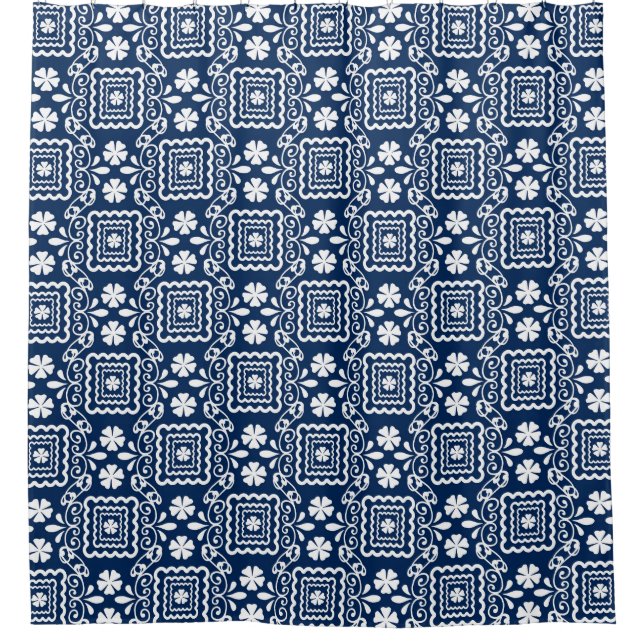 retro sixties white blue floral pattern shower curtain (Front)