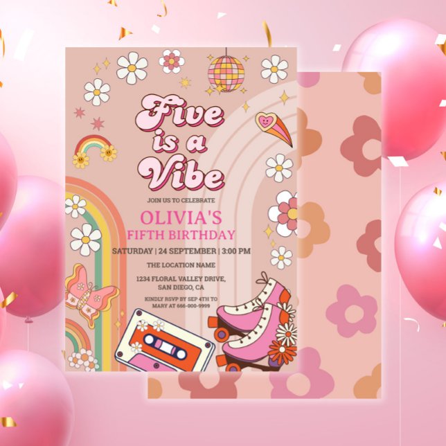 Retro Skate Five is a Vibe Groovy Birthday Invitation (Retro groovy 90s 5th birthday girl party invitation)