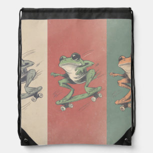 Retro Skate Frog Trio – Vintage Animal Art Drawstring Bag