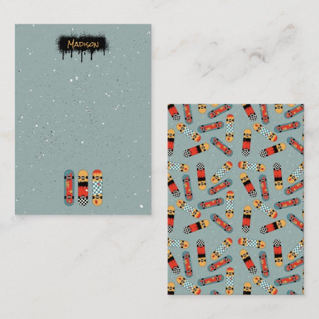 Retro Skateboard Blue Cool Custom Name Kids Note Card (Front/Back)