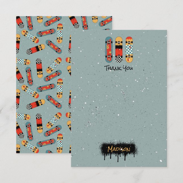 Retro Skateboard Blue Cool Custom Name Kids Thank You Card (Front/Back)