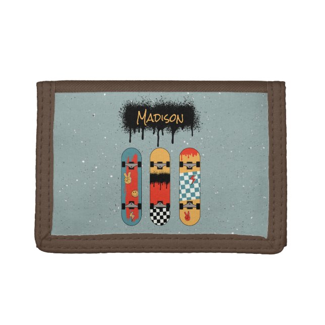 Retro Skateboard Blue Cool Custom Name Trifold Wallet (Front)