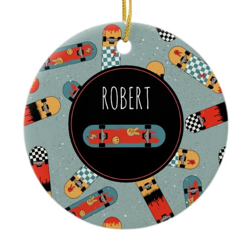Retro Skateboard Blue Cool Kids Ceramic Ornament