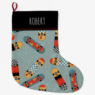 Retro Skateboard Blue Cool Kids Large Christmas Stocking